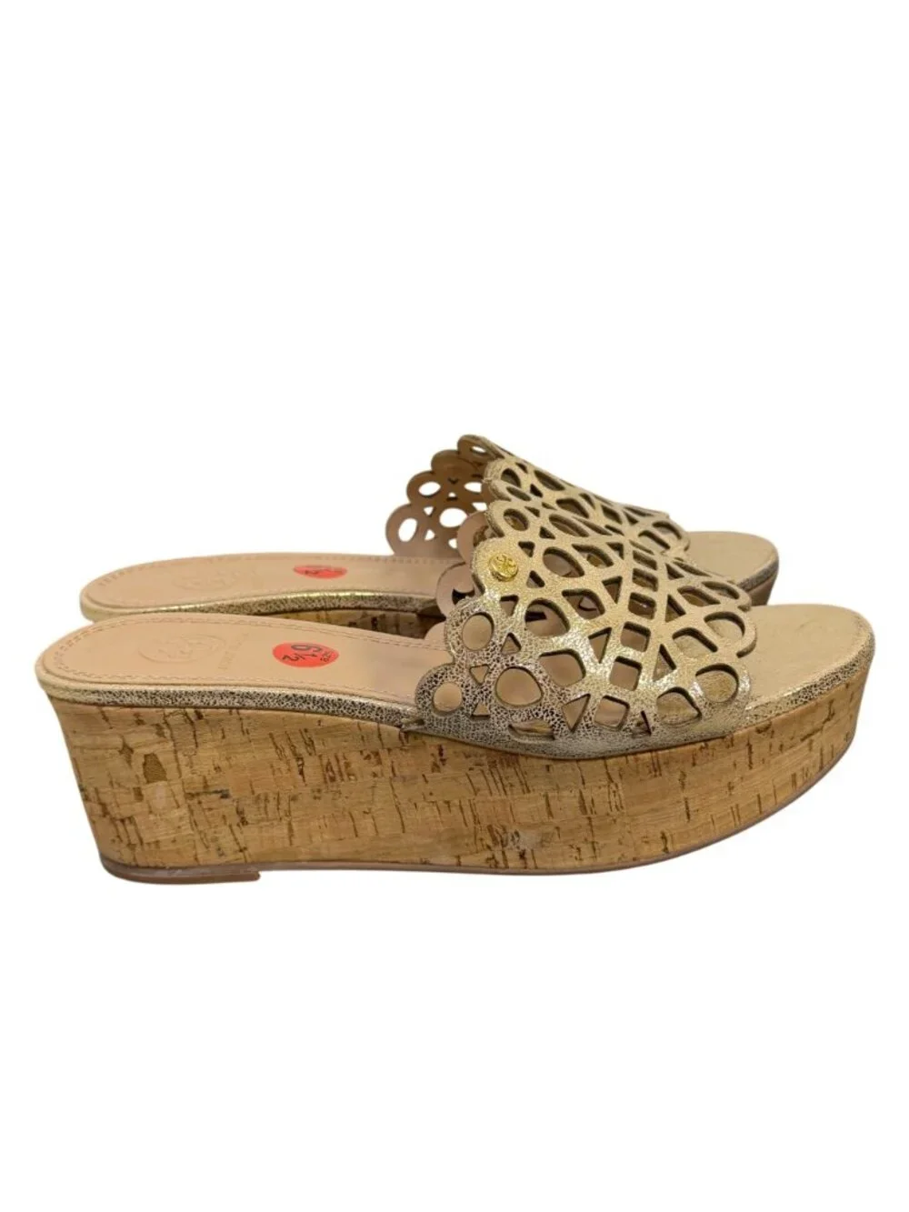 Tory Burch Gold Laser Cut Cork Wedge Sandals Size 6.5